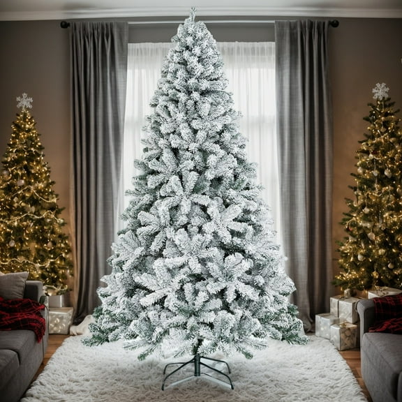 Spaco 7.5 Feet Artificial Snow Decorated Flocked Hinged Christmas Tree, Hinged Christmas Tree with Metal Stand, Artificial Christmas Tree for Indoor as Living Room, White