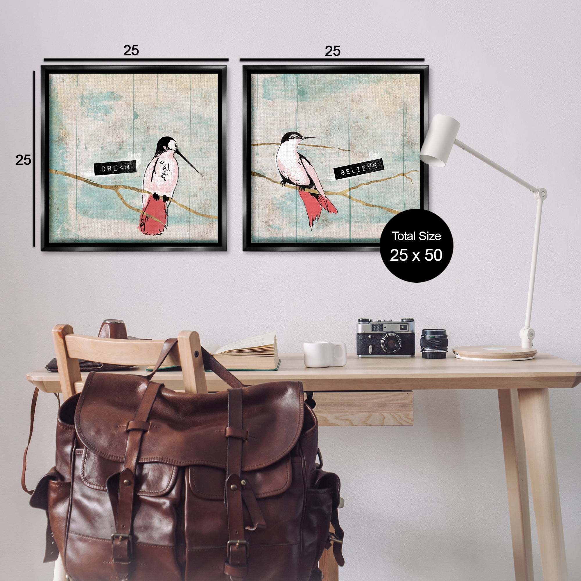 Stupell Industries Dream Believe Hummingbird Branch Animals Painting Black Floater Framed Canvas Art Print Wall Art, 25 x 25, Set of 2
