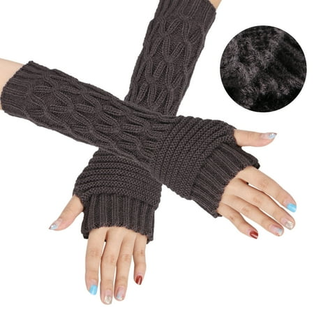 Black Thumbhole Stock (EEEKit Winter Warm Long Stretch Weave Knit Arm Fingerless Hollow Out Gloves Thumb Hole Mittens For)