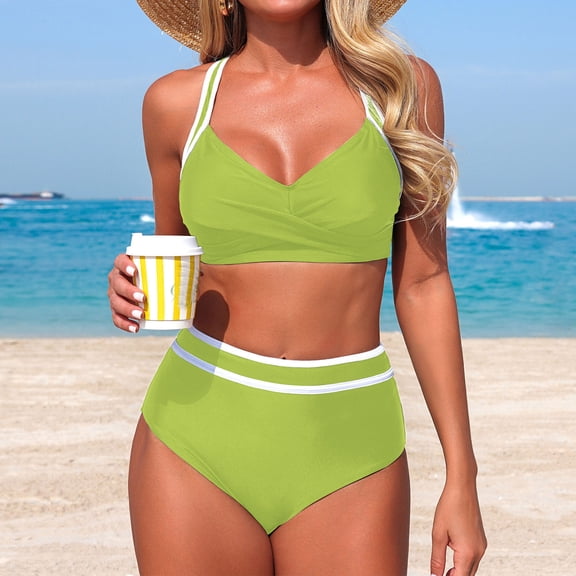 BRGZLK Women's High Waisted Bikini Sets Summer Casual Comfortable Two Piece Swimsuits V-Neck Sporty Tummy Control Color Block Cheeky High Cut Bathing Suits Green XL