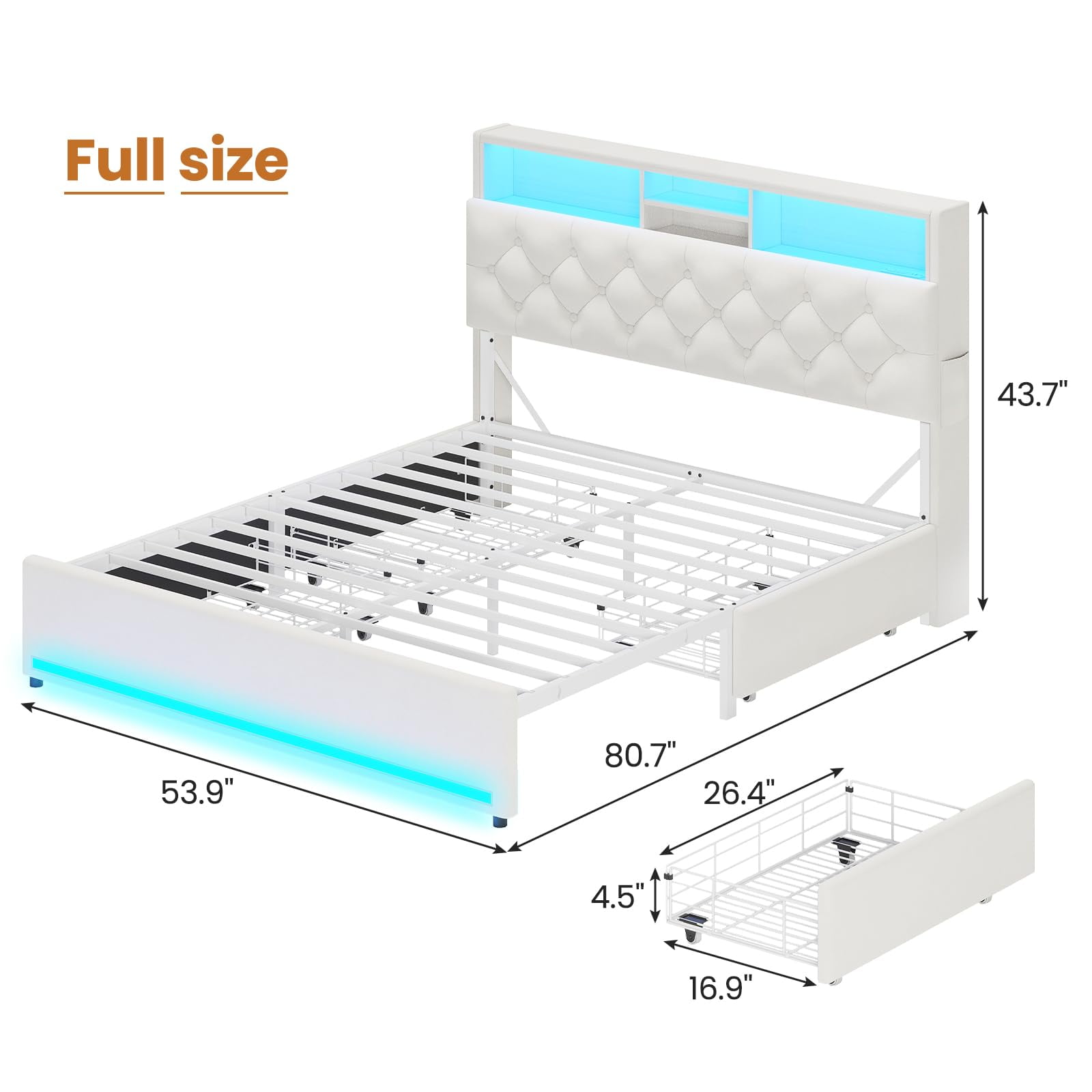 Afuhokles Full Bed Frame with Bookcase Headboard,LED Bed Frame with 4 Storage Drawers,Power Outlet, Modern Velvet Upholstered Platform Bed with 5 Shelf, No Box Spring Needed, Creamy White