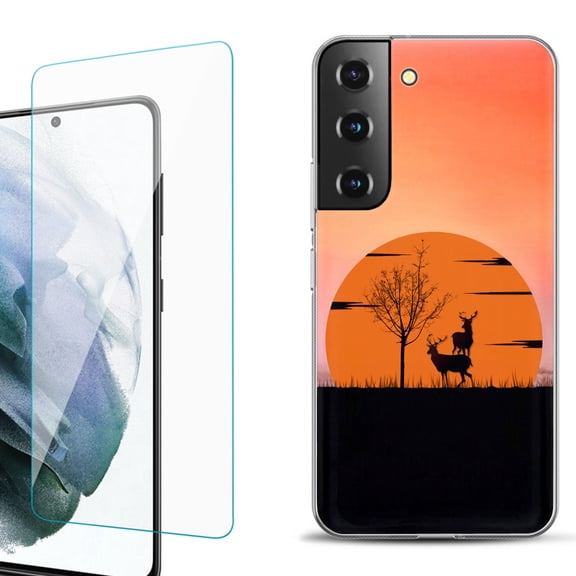 Slim-Fit Fashion Gel Phone Case for Samsung Galaxy S22  5G / S22 Plus 5G, with Tempered Glass Screen Protector, by OneToughShield ® - Sunset Deer