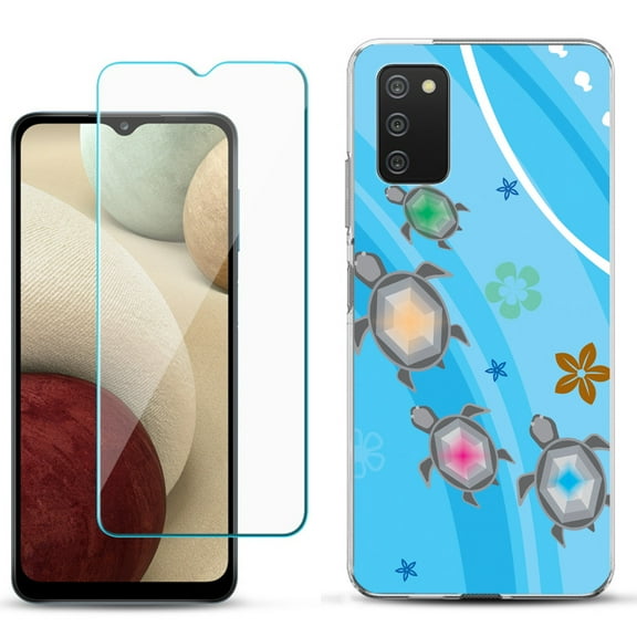 Slim-Fit TPU Phone Case Compatible with Samsung Galaxy A02s, with Tempered Glass Screen Protector, by OneToughShield ® - Happy Turtle