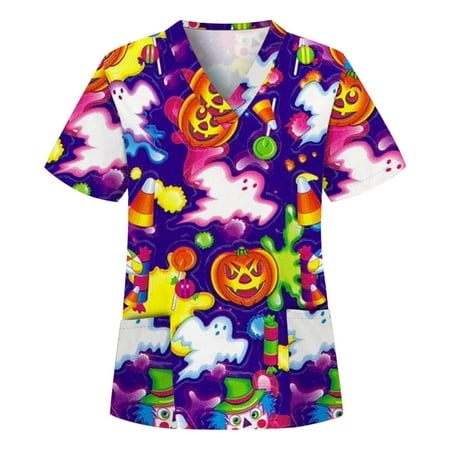 

Mchoice Womens Halloween Costumes V-Neck Short Sleeve Nursing Uniform Workwear Halloween Pumpkin Bats Ghost Printed Graphic Tees Blouse Scrubs Tops with Pockets