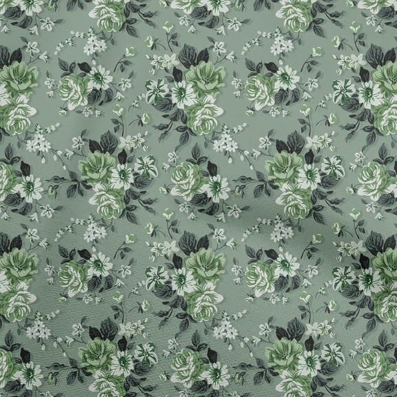 oneOone Cotton Cambric Dusty Teal Green Fabric Floral Retro Sewing Fabric By The Yard Printed Diy Clothing Sewing Supplies 42 Inch Wide