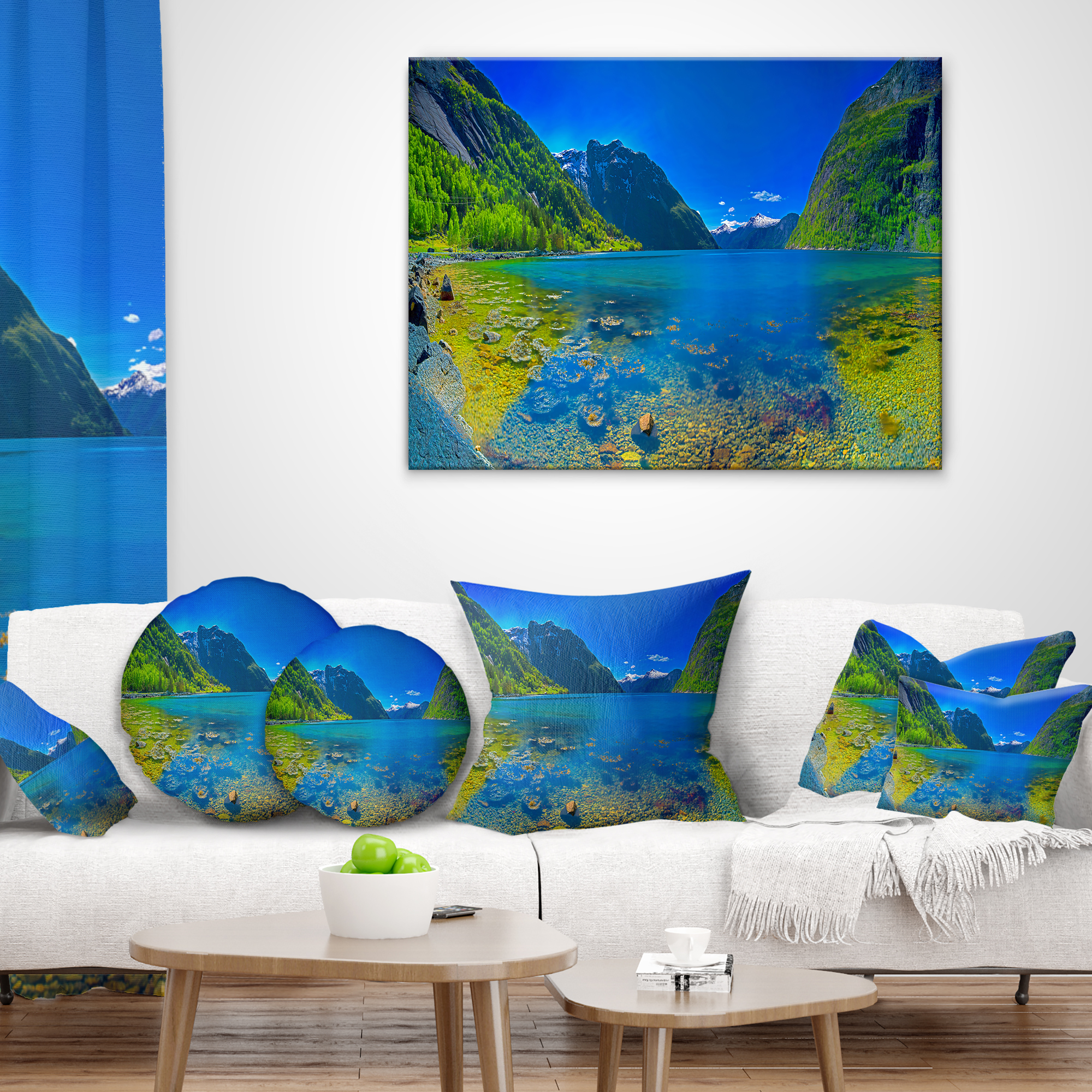 Designart Panoramic View of Norwegian Fjord - Landscape Printed Throw Pillow - 16x16