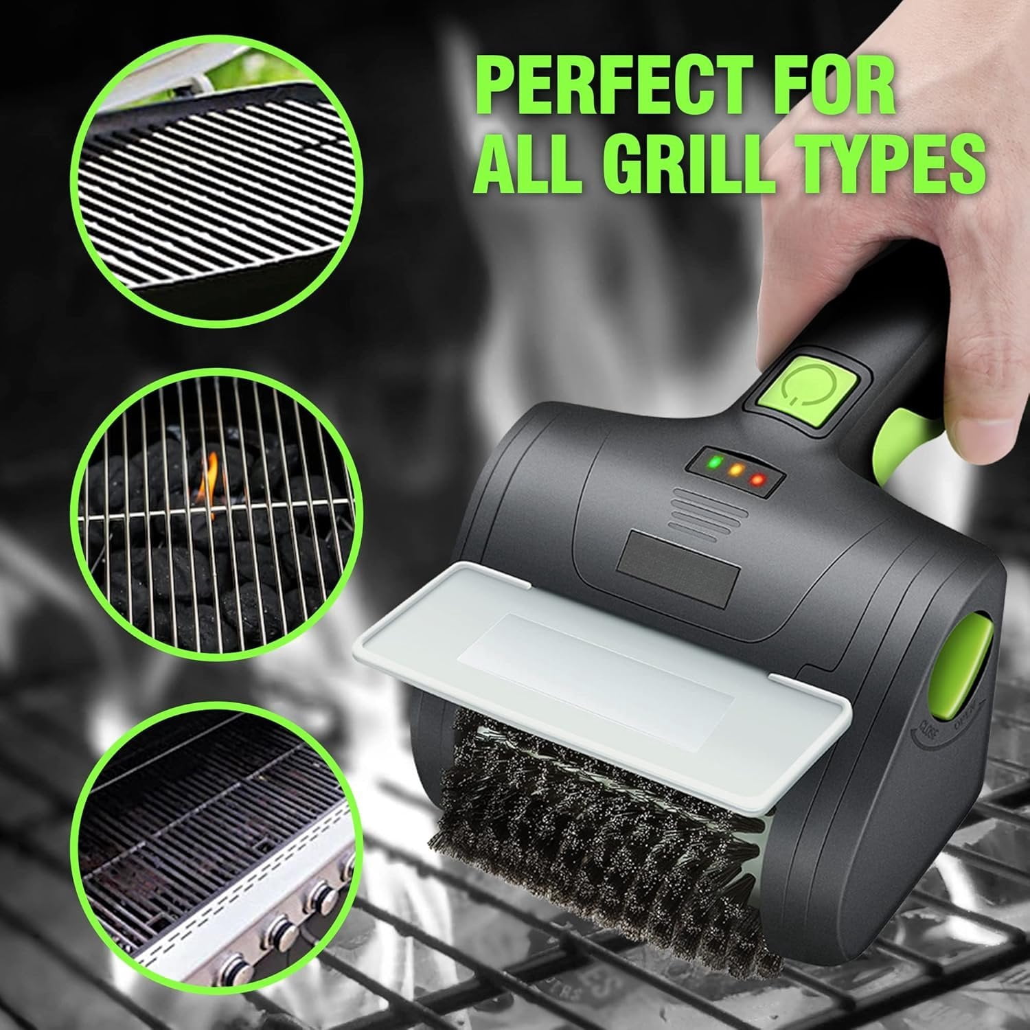 w Cordless Electric Grill Cleaning Scrub Brush Rechargeable with Type-C Charge Cord,Green/Black