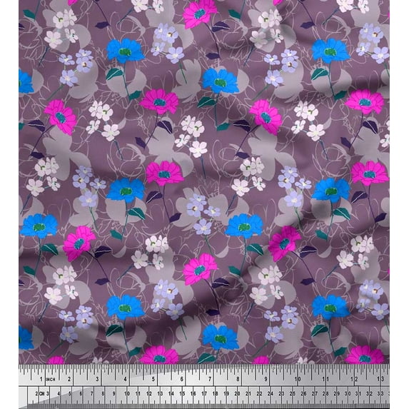Soimoi Purple Cotton Cambric Fabric Leaves,Periwinkle & Anemone Floral Printed Craft Fabric by The Yard 56 Inch Wide