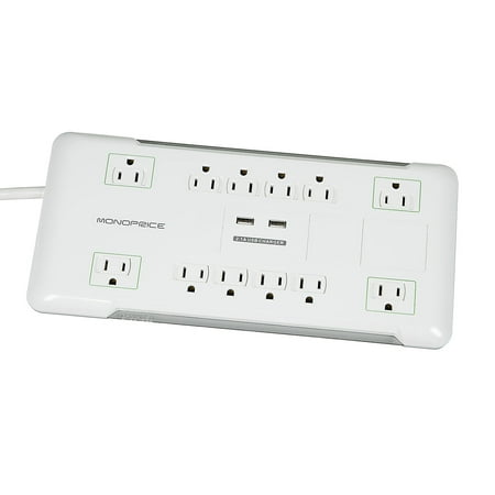 Monoprice 12 Outlet Power Surge Protector w/ 2 Built-In USB Charger Ports - 3420 Joules