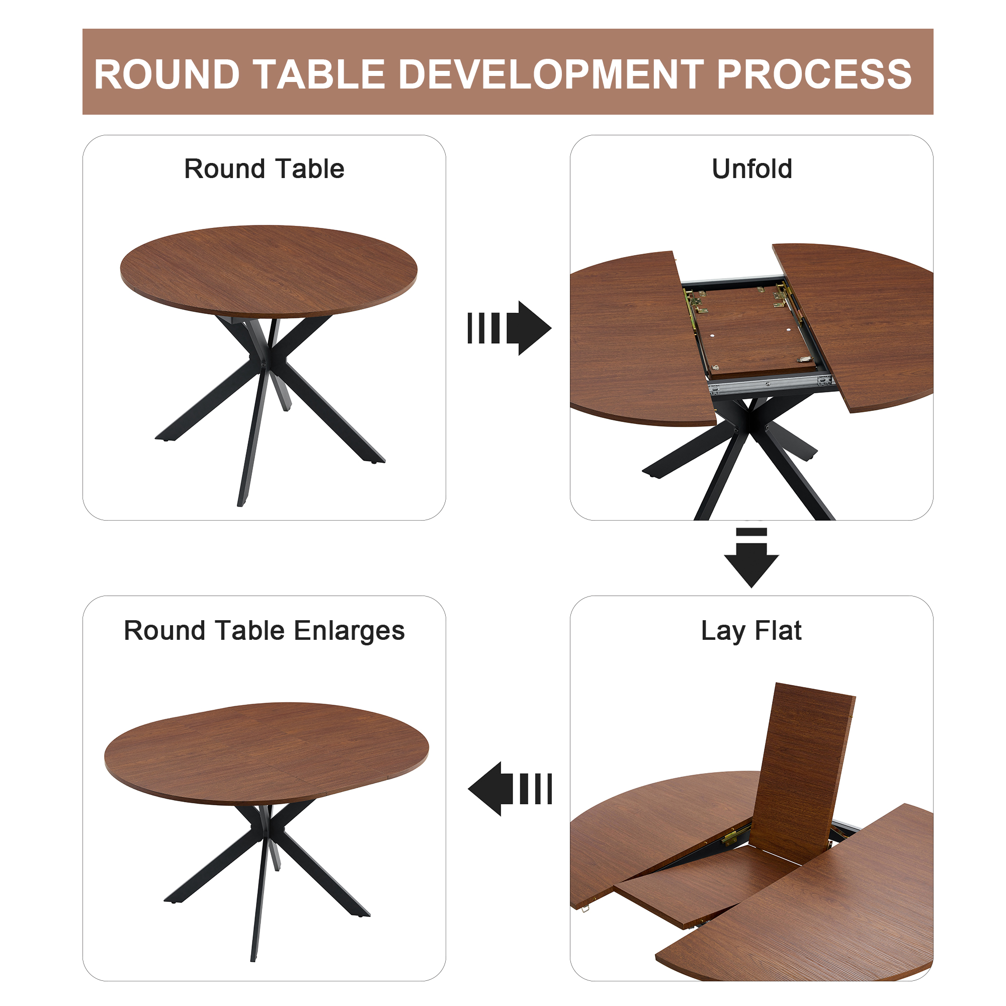 Alvantor 43"-54" Extendable Round Dining Table with Metal Legs, Walnut