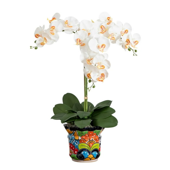 Nearly Natural 27in. Artificial Triple Orchid Arrangement in Handmade Mexican Talavera Ceramic Planter