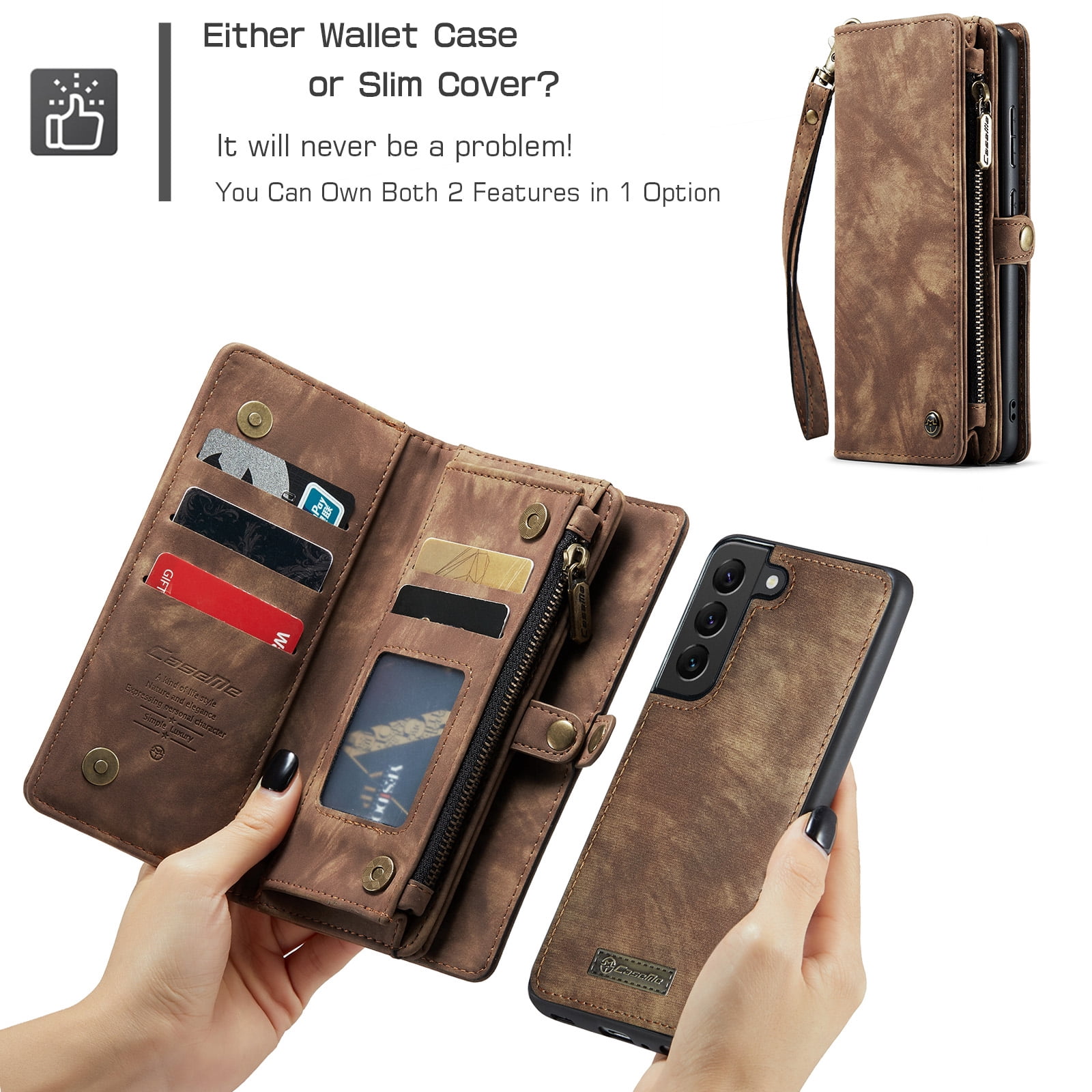 Feishell Durable 2-In-1 Magnetic Detachable Wallet Case for Samsung Galaxy S22,for Women Men,Premium PU Leather Zipper Pocket Flip Multi Card Slots Purse Phone Case with Wrist Strap,Darkbrown