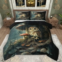 Feelyou Cartoon Cute Owl Queen Comforter Set, Jungle Mushroom Botanical Bedding Sets, Teens Kids Boys Girls Reversible Bedding Comforter Set, Super Cozy Room Decor, 3-Piece