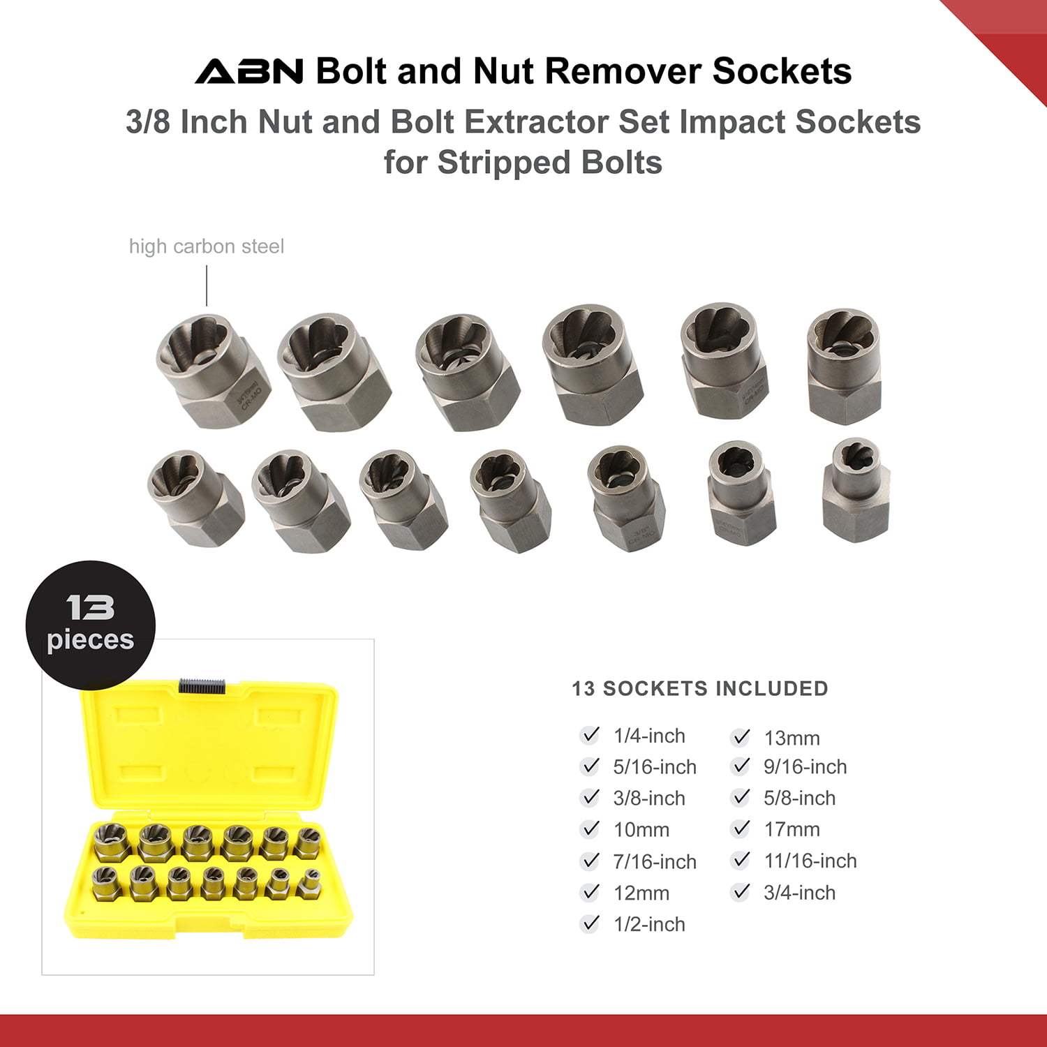 Rusted Damaged Stripped Nut and Bolt Remover Tool Kit Nut Bolt Extractor Socket Set in 13 SAE and Metric Sizes for 3/8 Inch Drive with Case Impact Nut and Bolt Extraction Tool Set 