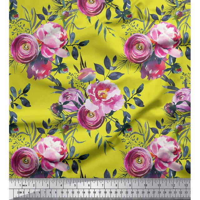 Soimoi Yellow Heavy Satin Fabric Ranunculus & Penoy Floral Print Sewing Fabric Yard 54 Inch Wide
