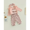 thumbnail image 3 of Bagilaanoe 2Pcs Newborn Baby Girl Long Pants Set Letters Print Long Sleeve Romper Tops + Heart Print Trousers + Headband 3M 6M 9M 12M 18M 24M Infant Casual Outfits, 3 of 9