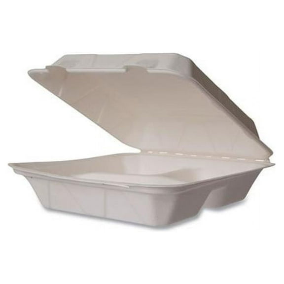 Nourish Molded Fiber Takeout Containers, 3-Compartment, 5 x 9 x 2, White, Sugarcane, 200/Carton