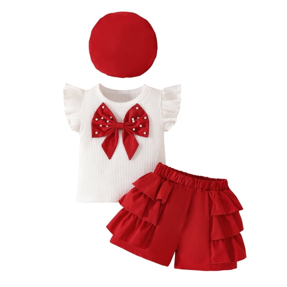 tarylea Newborn Baby Girls Clothes 3Pcs Summer Outfits Bowknot Ruffle Cap Sleeve Ribbed Top Wide Leg Shorts with Hat