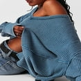 thumbnail image 4 of Women Long Sleeve T-Shirts Solid Color Dropped Shoulders V-Neck Waffle Shirts Spring Fall Loose Fit Tops Streetwear, 4 of 5
