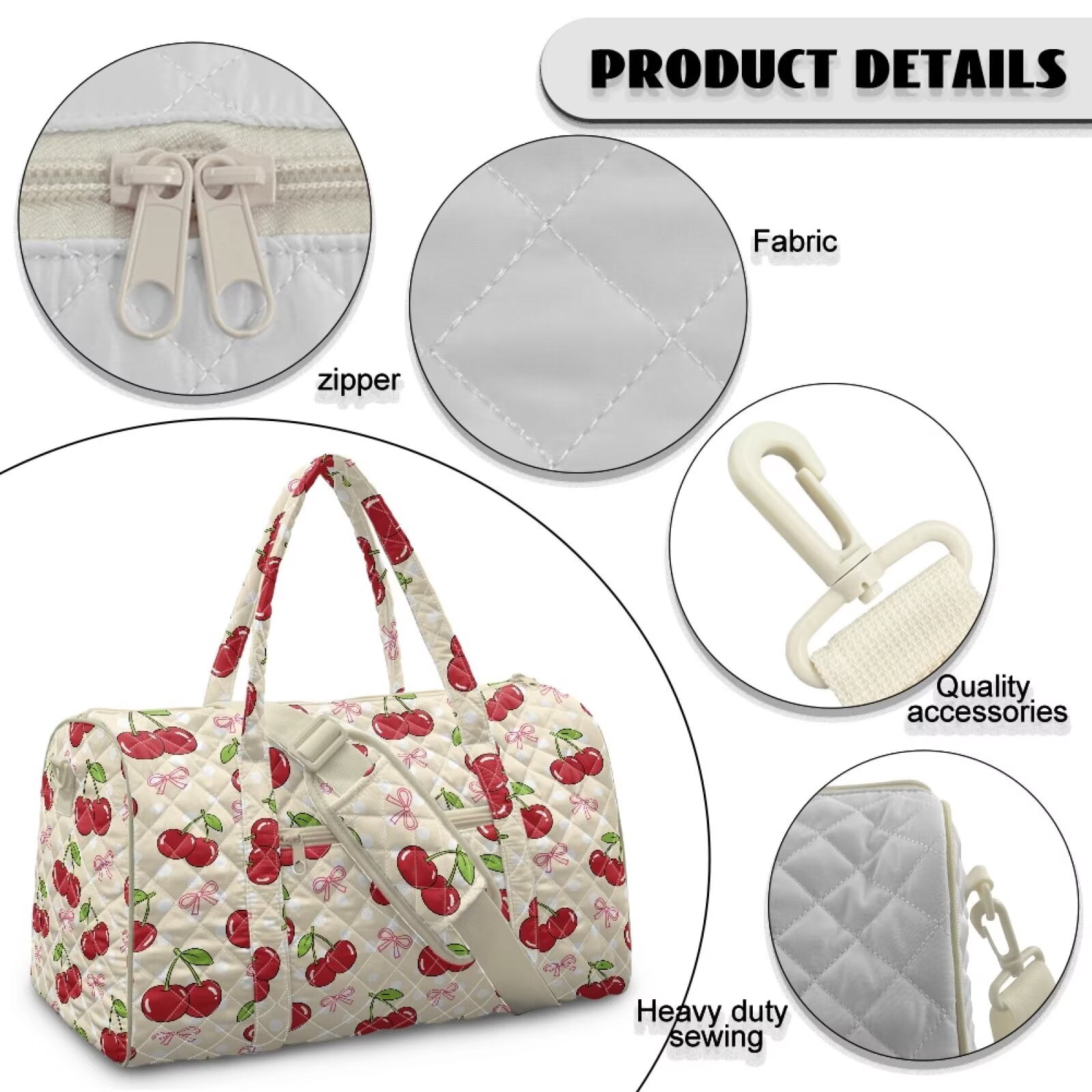 Garronmavis Cherry Print Quilted Duffle Bag for Women Large Weekender Travel Bag Cute Gym Dance Overnight Carry On Tote with Zipper Pockets Luggage Sleeve