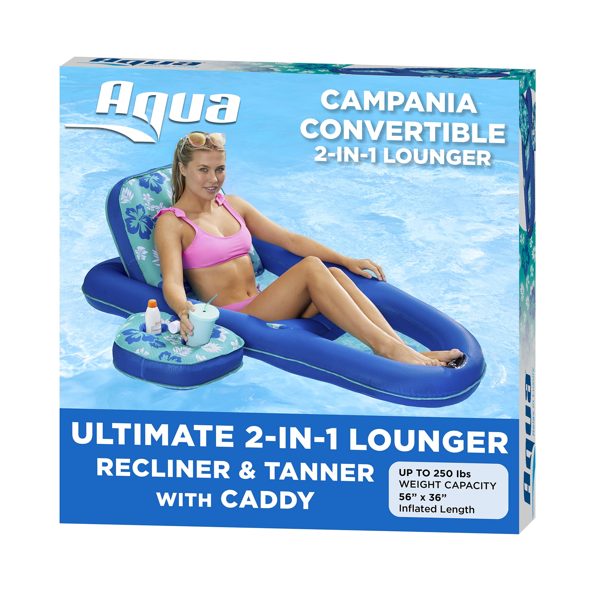 Opened Aqua Pool Lounge Extra Long 70 Inch Float Blue/White