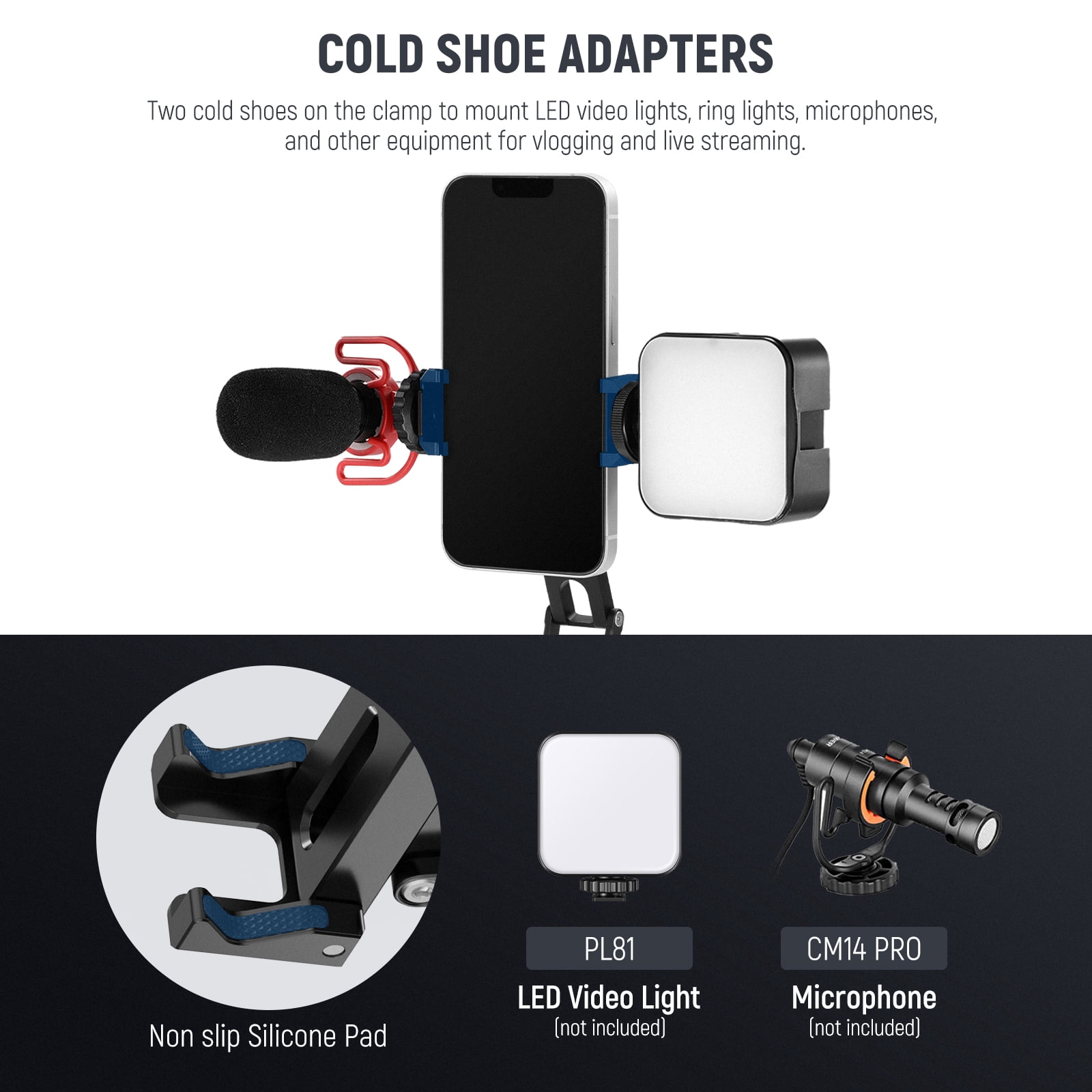 Neewer SP-04 Phone Tripod Mount with Cold Shoes, Metal Tri-Fold Grip for iPhone, Multi-Angle Holder for Streaming/Vlogging