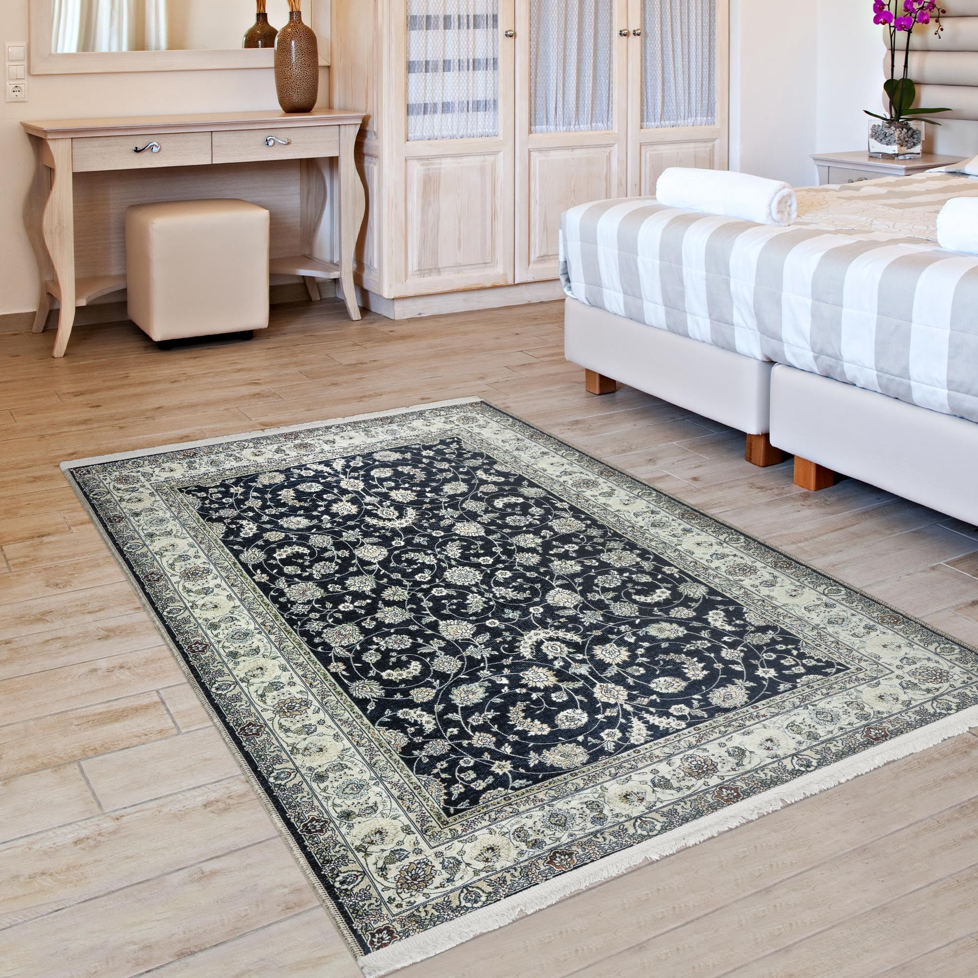 Ottomanson Machine Washable Cotton 4x6 Flatweave Area Rug for Living Room, 4' x 6', Black Floral