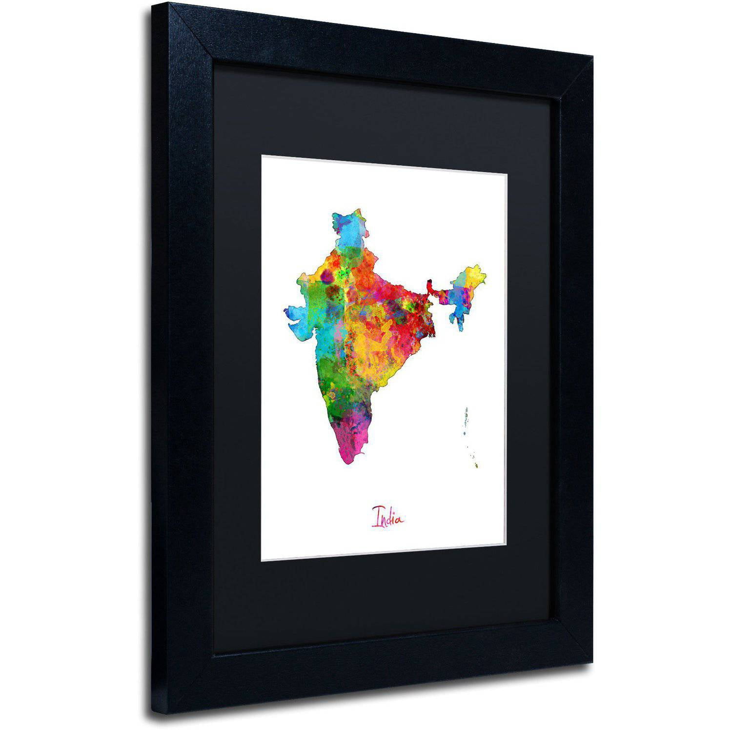 Trademark Fine Art "India Watercolor Map" Canvas Art by Michael Tompsett Black Matte, Black Frame