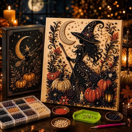 CCOCC Halloween Ghost Pearl Diamond Art Diy Kit Spooky Cute 3D Diamond Painting Craft for Adults and Beginners Fall Home Decor Wall Art Seasonal Party Gift (Witch)
