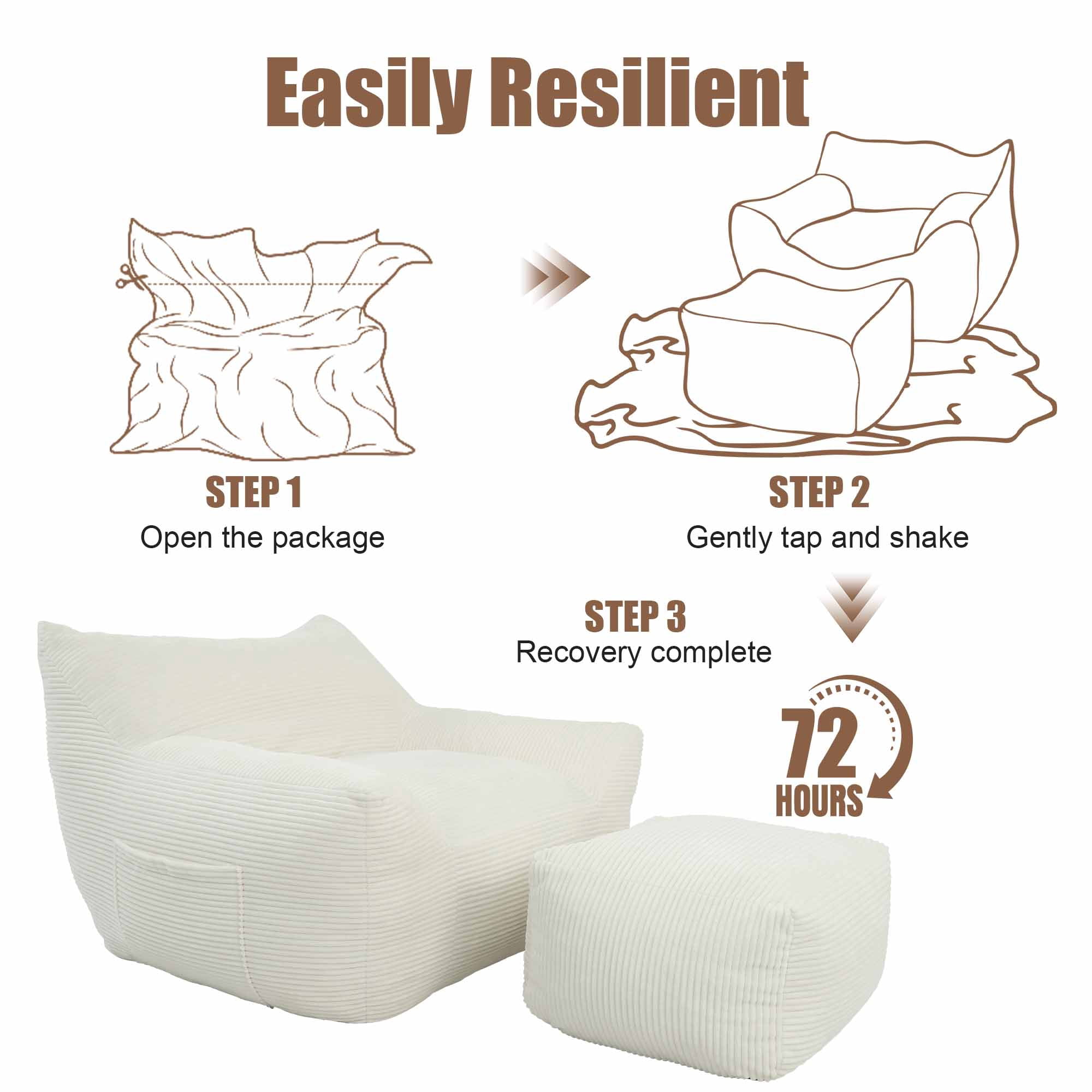Lunale Oversized Bean Bag Chair with Ottoman, Boneless Lazy Sofa Chair for Bedroom, Living Room, Beige Corduroy