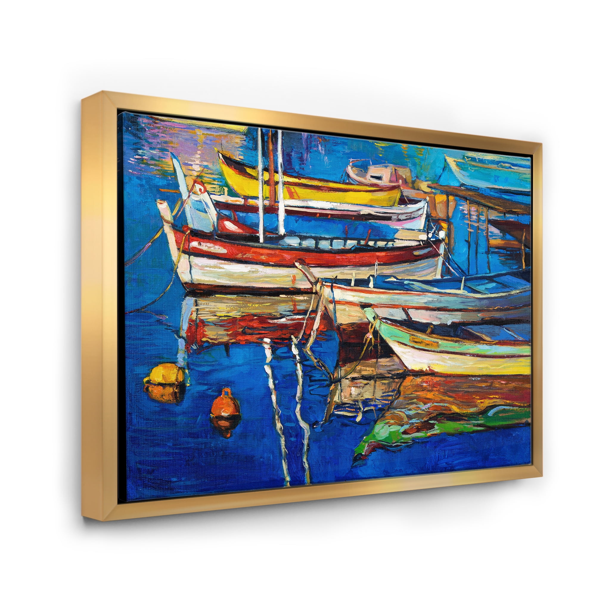 Designart 'Boats Near Coastal Town Resting On The Water II' Nautical & Coastal Framed Canvas Wall Art Print