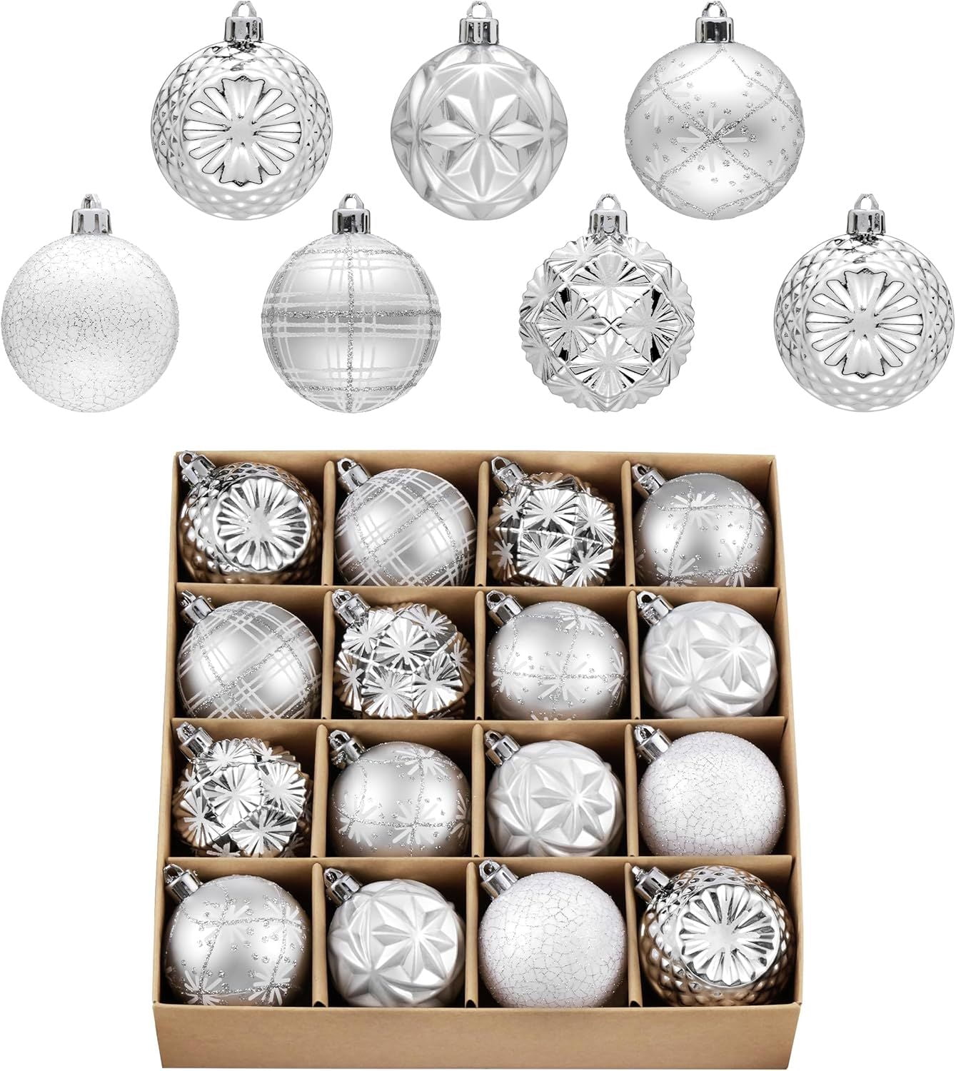Ornaments for Christmas Trees, 16ct 2.36 Inches White and Silver Shatterproof Christmas Tree Decorations, Hanging Ball Ornaments for Xmas Holiday Party Decor