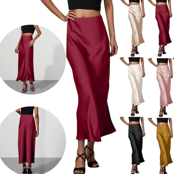 Gamivast Womens Silk Skirt High Waisted Elegant Silky Smooth Satin Skirt Bias Cut Flowy Slip Midi Skirt for Wedding Guest Cocktail Party Evening Date