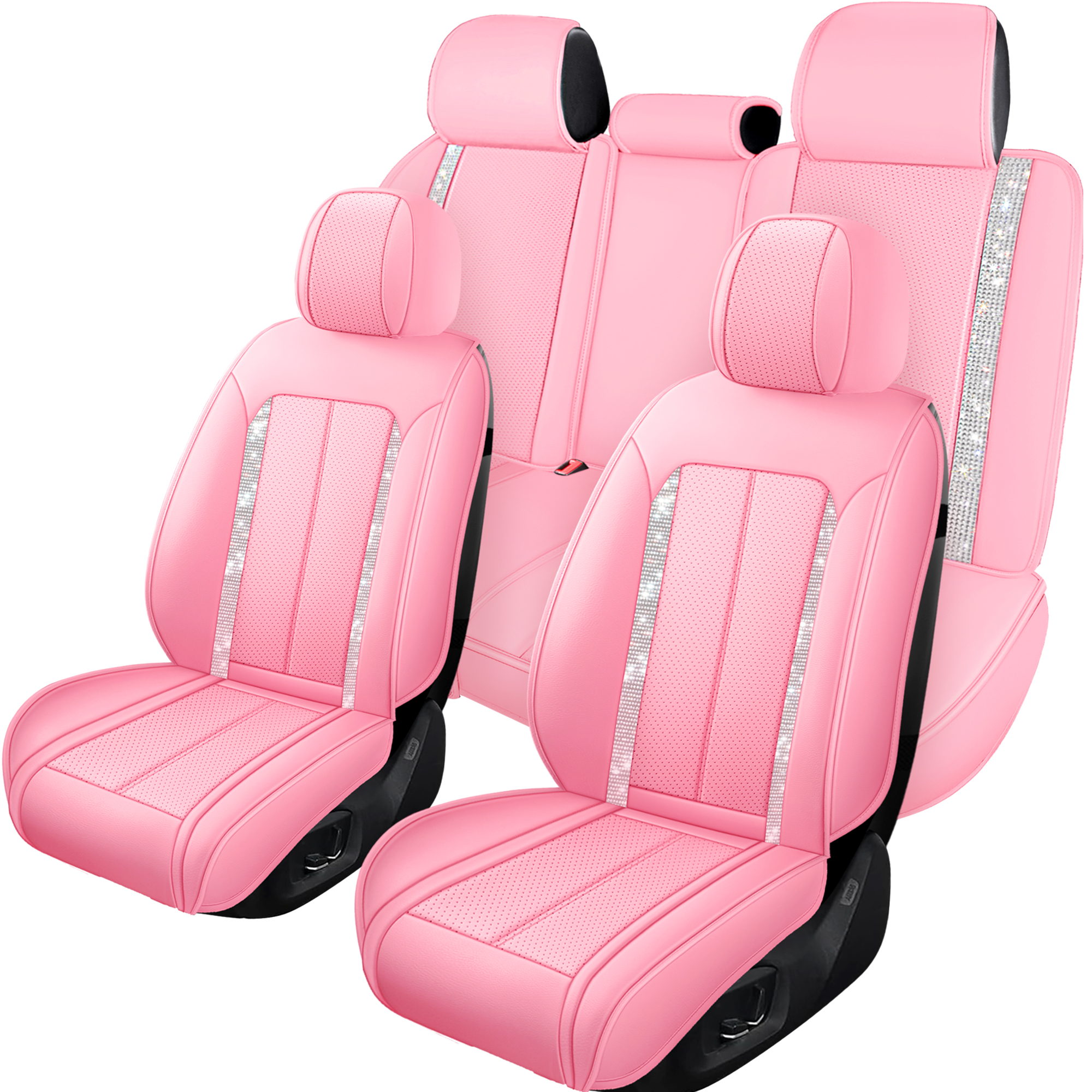 High-End 5-Seat Car Seat Covers Full Set with Pink Crystal Accents, Premium Bling Interior Upgrade for Cars SUVs Trucks, Luxury All-Season Fit