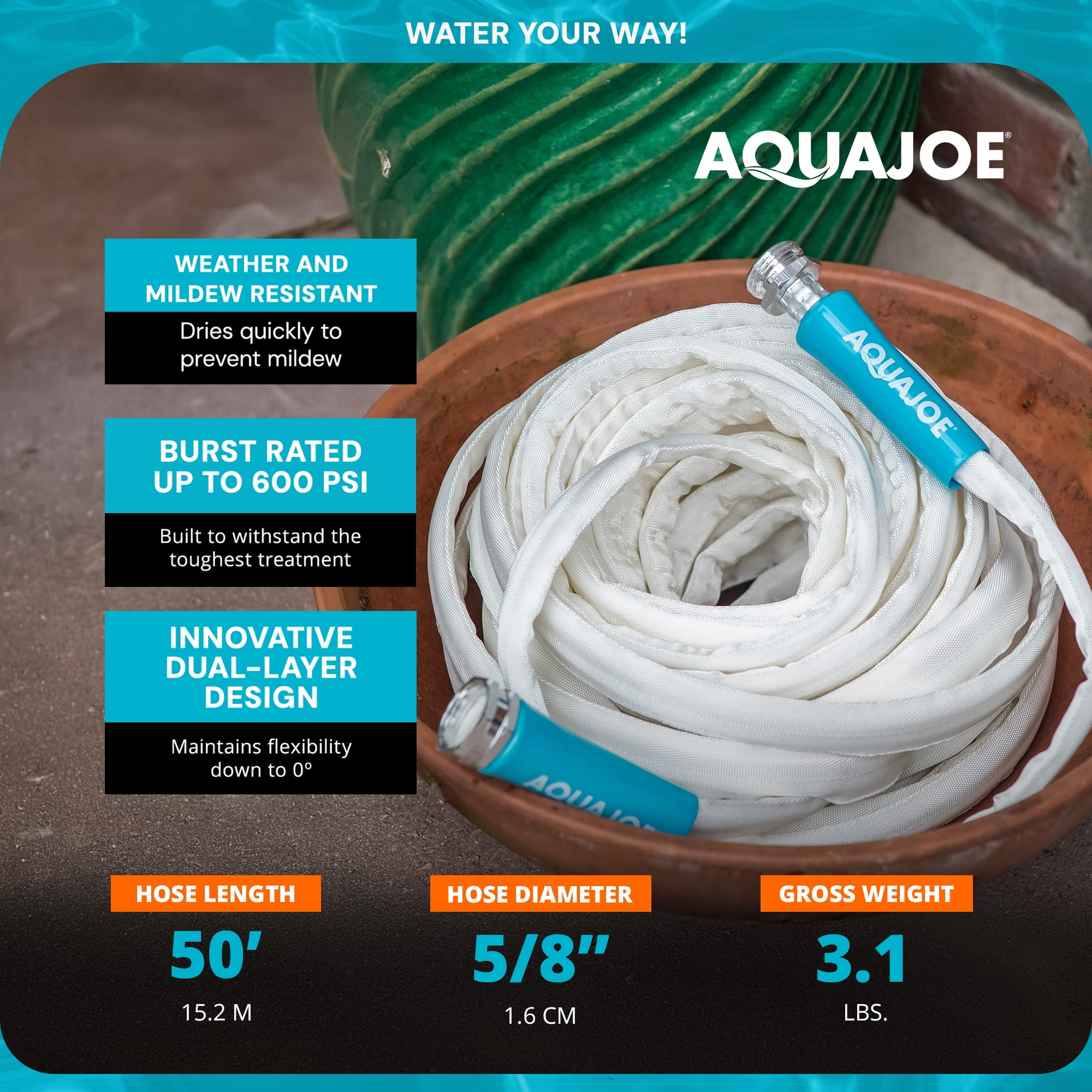 Aqua Joe 50' Expandable RV Hose with Flexible Marine-Grade Fiber Jacket, AJFJH50-58-RV