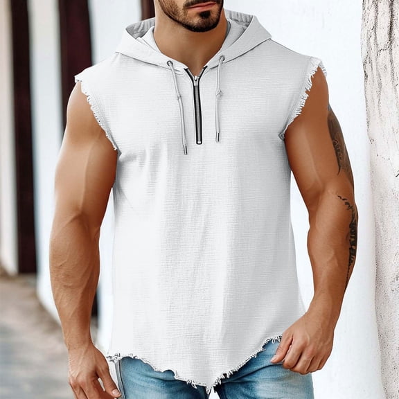 Hoodies for Men Quarter Zipper Drawstring Sleeveless Shirts Irregularly Ripped Loose Lightweight Pullover Tops