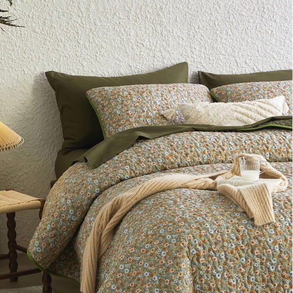 Floral Quilt Set Reversible Lightweight Bedspread Coverlet 3 Pieces Olive Green Queen Full Size