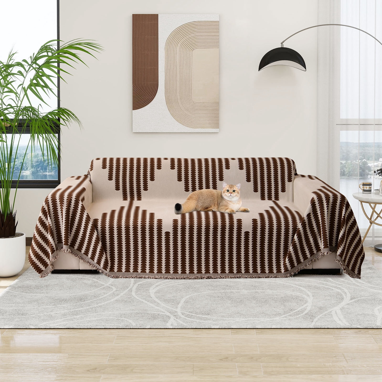 Eurhowing Boho Couch Cover for 2-3 Cushion Couch, Chenille Sofa Cover Blanket with a Pillowcase, Anti-Slip Tassel Sofa Slipcover for Pet, (71'' x 118'', Coffee)