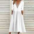 thumbnail image 2 of Ruimatai Women's Loose Cotton Linen Dress with Lace Collar, Five Quarter Sleeve Midi Dress, Comfortable Casual Summer Dress, 2 of 7