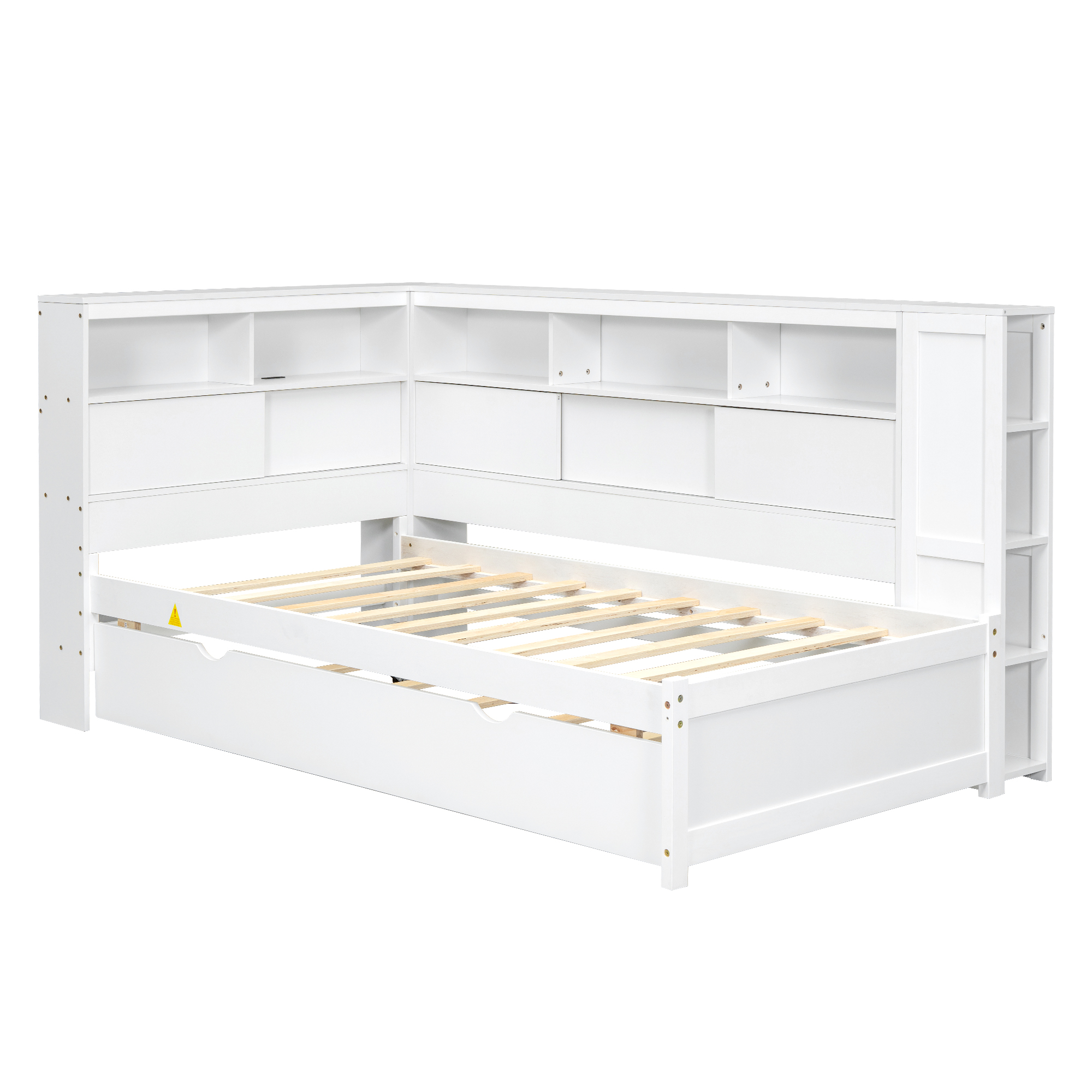 Euroco Wood Twin Daybed with Trundle, Shelves, and USB Charging Station in White