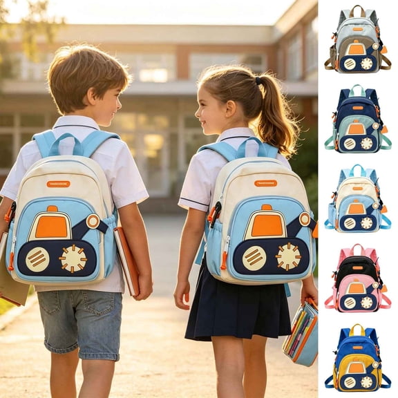 Cute Cartoon Car Print Primary School Backpack for Age 4t 5t 6t, 5th 6th Adjustable Straps Lightweight Waterproof Daypack
