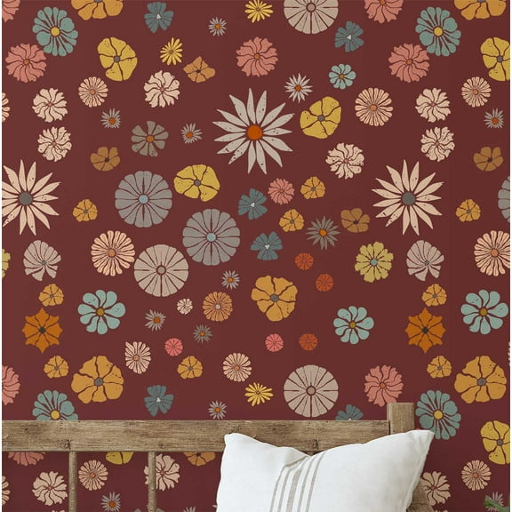S4sassy Self-Stick Decorative Boho Wallpaper, Retro Daisy Print Wall Paper, Vinyl Waterproof Contact Paper, Brown, 25"x120" Removable Renter Friendly Wall Covering For Bedroom, Dining room