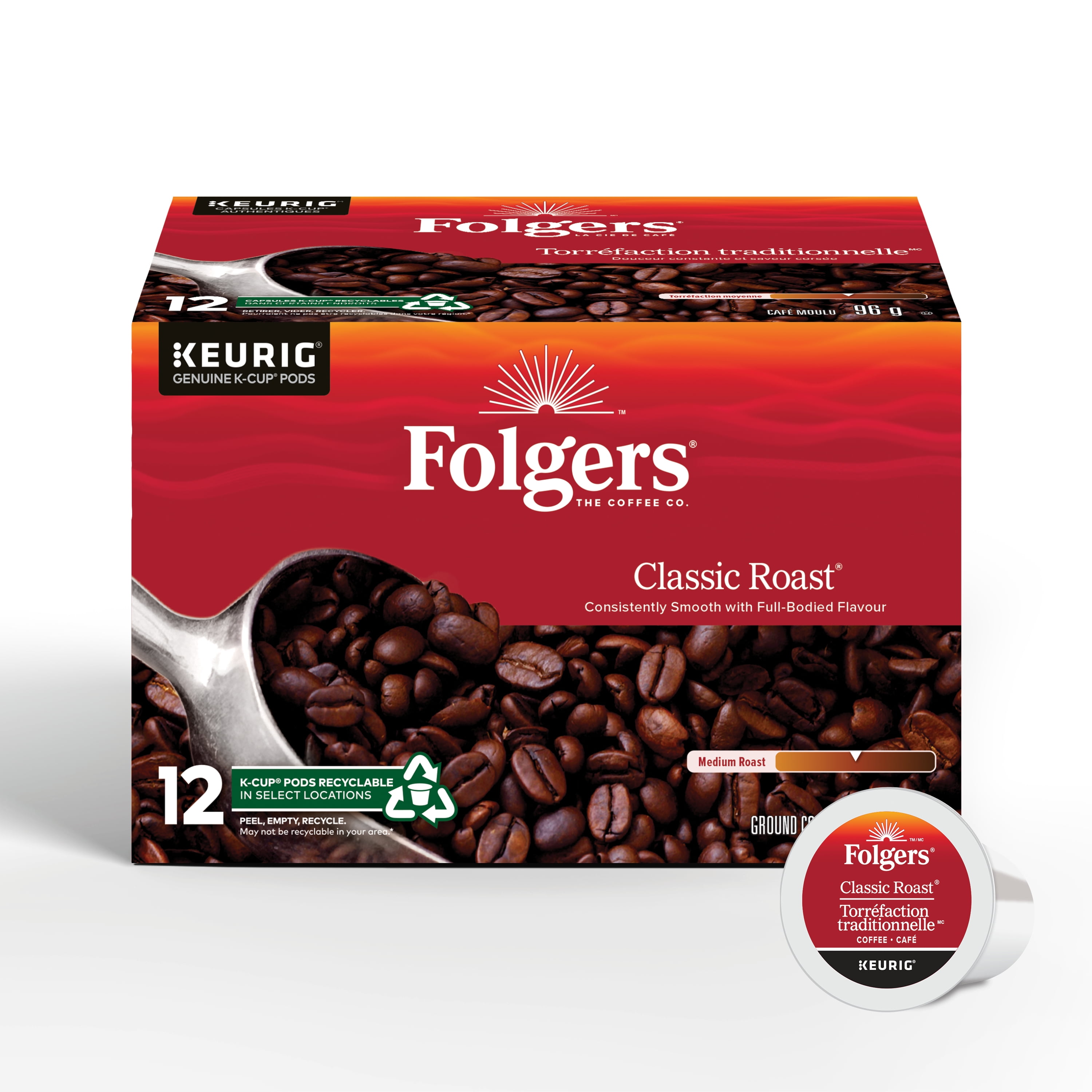 Folgers Classic Medium Roast K-Cup Coffee Pods, 12 Count, 12 pods