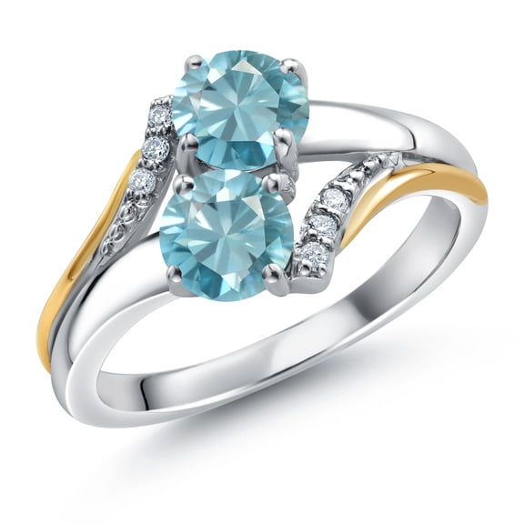 Gem Stone King 10K Yellow Gold and 925 Silver Blue Zircon and White Lab Grown Diamond Accent Engagement Ring for Women (1.73 Cttw, Gemstone, Round 5MM, Size 7)