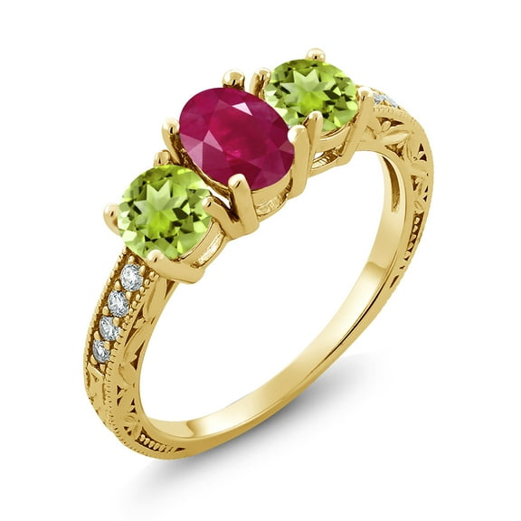 Gem Stone King 2.22 Ct Oval Red Ruby Green Peridot 18K Yellow Gold Plated Silver Moissanite Ring (Size 6)