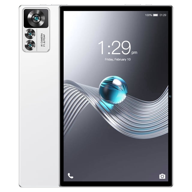 12s pro tablet 10.1 pulgadas 8+256 GB - blanco vista centrada frontal y trasera; pantalla IPS 10,1" 1280x800 con bordes estrechos y reloj en pantalla, carcasa blanca con módulo trasero de cámara dual (principal 5.0MP) y cámara frontal 2.0MP, laterales con botones de volumen. Compatible con Android 8.0, reconocimiento facial, GPS, Wi‑Fi y Dual SIM según especificaciones; también adecuada para consumo de multimedia y lectura portátil.