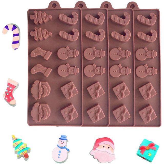 moho Chocolate de silicona de Navidad, 4 piezas Moldes para hornear gelatina de caramelo Bandejas de árboles de muñeco de nieve Molde antiadherente para la fiesta de Navidad Decoración de pa JFHHH pequeña