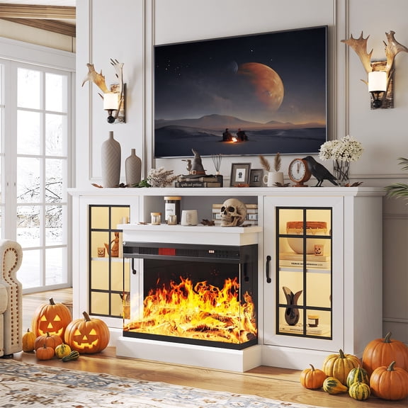 Easoger 59'' Fireplace TV Stand for TVs up to 65", 12 Flame Colors&12 LED Light Colors, TV Console with 3-Sided Glass Fireplace, for Living Room, White