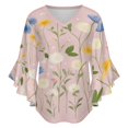 thumbnail image 5 of Pretty Pastel Flower Meadow Blooms Women's V-Neck Blouse With 3/4 Ruffled Bell Sleeves Casual Top Ladies Blouses, 5 of 7