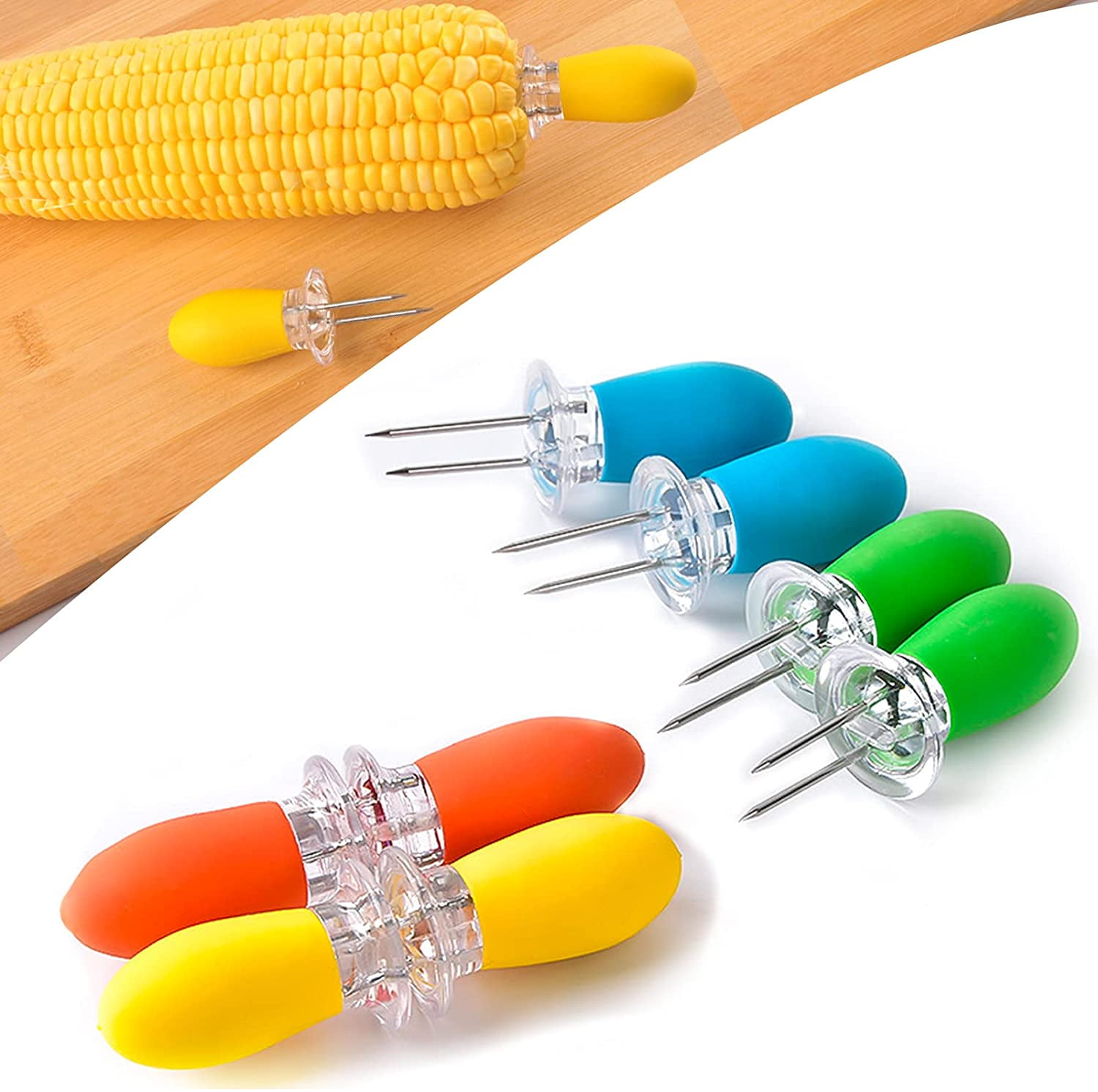and BBQ BATEER 8 PCS Set 304 Stainless Steel Corn Holders Forks Corn on The Cob Skewers Fork BBQ Beef Sausage Fruit Fork with Wood Handle for Home Cooking 
